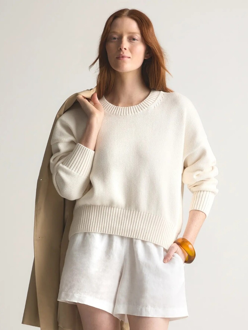 Quince 100% Organic Cotton Boyfriend Crew Sweater Chunky Ivory Size XS Fisherman